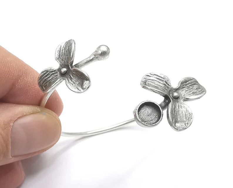 Flower Flowers Silver Bracelet Blank Resin Cuff Dry Bezel Cabochon Base Adjustable Antique Silver Plated Brass (6mm Blank) G26815