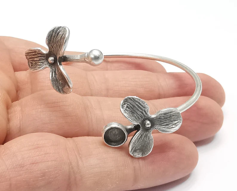 Flower Flowers Silver Bracelet Blank Resin Cuff Dry Bezel Cabochon Base Adjustable Antique Silver Plated Brass (6mm Blank) G26815