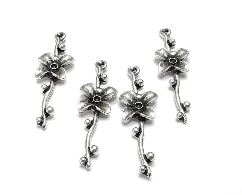 4 Flower Branch Charms Antique Silver Plated Charms (35x10mm) G26817