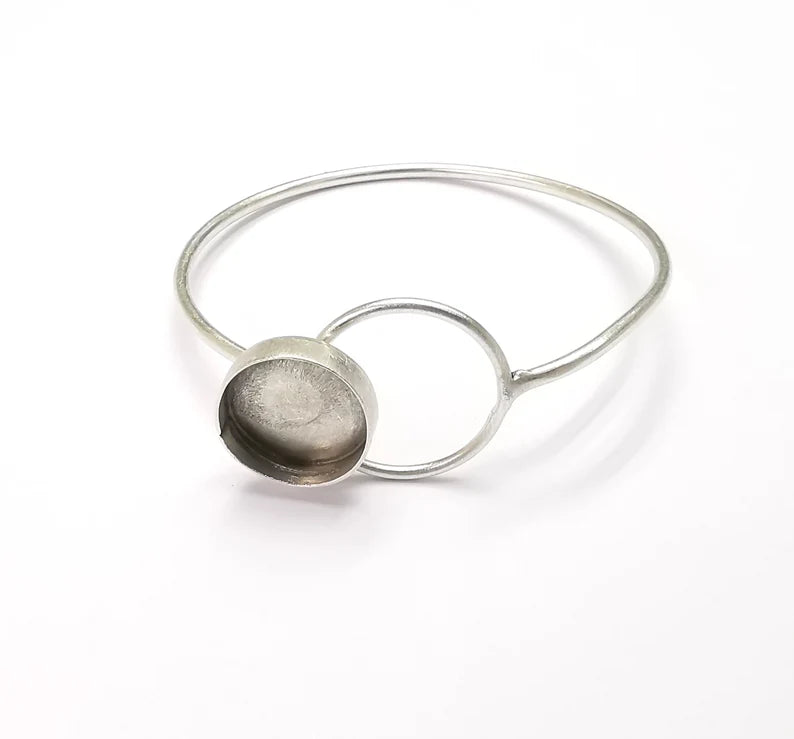 Circle Bracelet Blank Resin Cuff Dry Bezel Cabochon Base Adjustable Antique Silver Plated Brass (14mm Blank) G26818