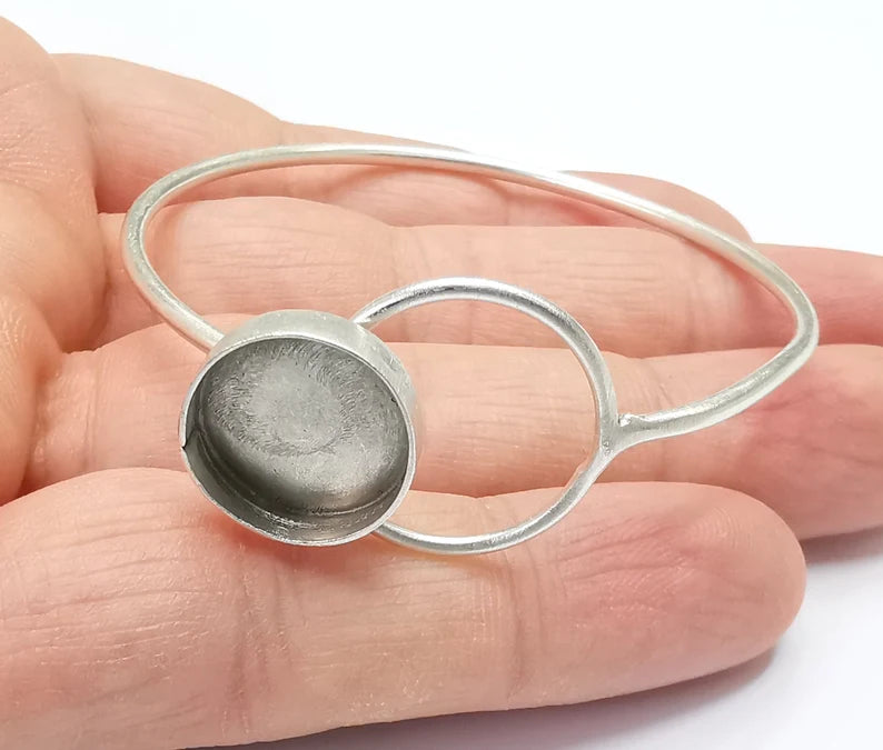 Circle Bracelet Blank Resin Cuff Dry Bezel Cabochon Base Adjustable Antique Silver Plated Brass (14mm Blank) G26818