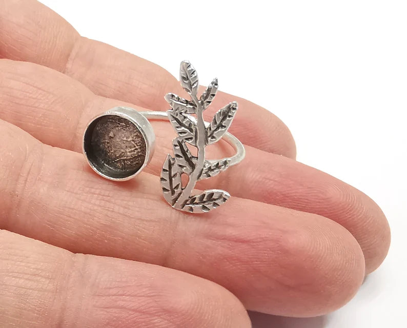 Leaf Plant Silver Ring Setting Blank Cabochon Mounting Adjustable Ring Base Bezel Antique Silver Plated Brass (10mm Blank) G26819