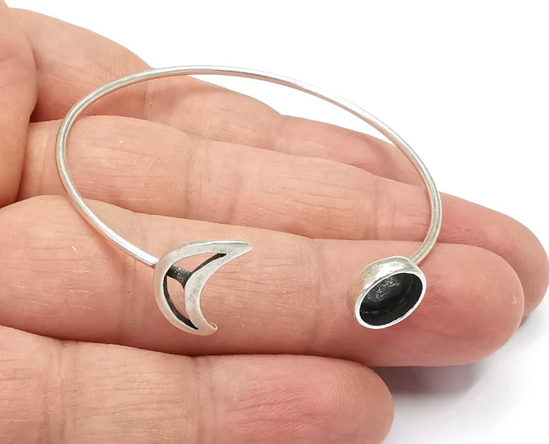 Moon Crescent Silver Bracelet Brass Cuff Blank Bezel Cabochon Base Adjustable Antique Silver Brass (8mm blank) G26821