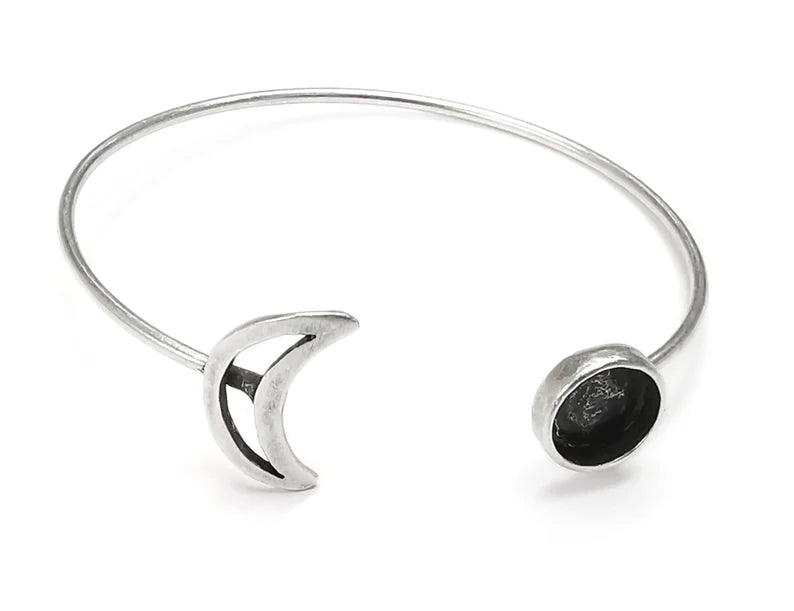 Moon Crescent Silver Bracelet Brass Cuff Blank Bezel Cabochon Base Adjustable Antique Silver Brass (8mm blank) G26821