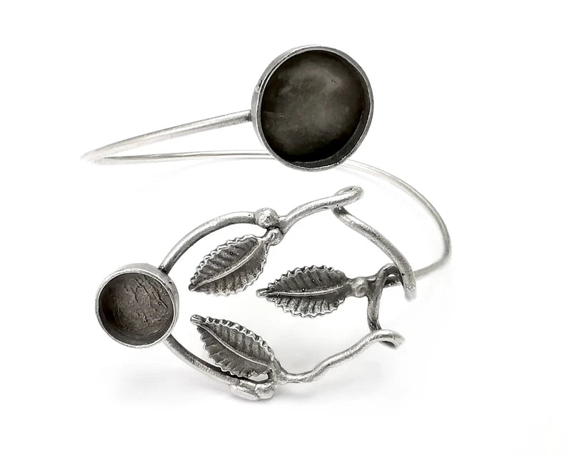 Branch Leaf Silver Bracelet Blank Resin Cuff Dry Bezel Cabochon Base Adjustable Antique Silver Plated Brass (14-10mm Blanks) G26822