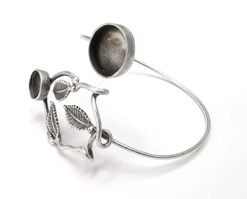 Branch Leaf Silver Bracelet Blank Resin Cuff Dry Bezel Cabochon Base Adjustable Antique Silver Plated Brass (14-10mm Blanks) G26822