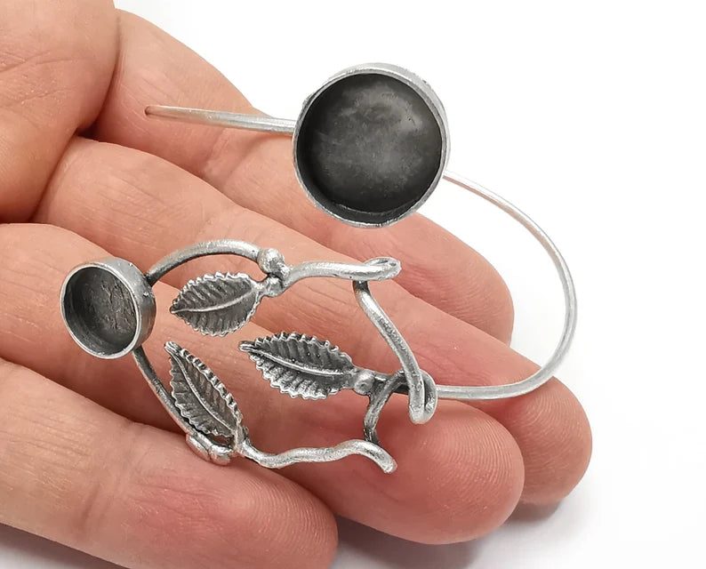 Branch Leaf Silver Bracelet Blank Resin Cuff Dry Bezel Cabochon Base Adjustable Antique Silver Plated Brass (14-10mm Blanks) G26822