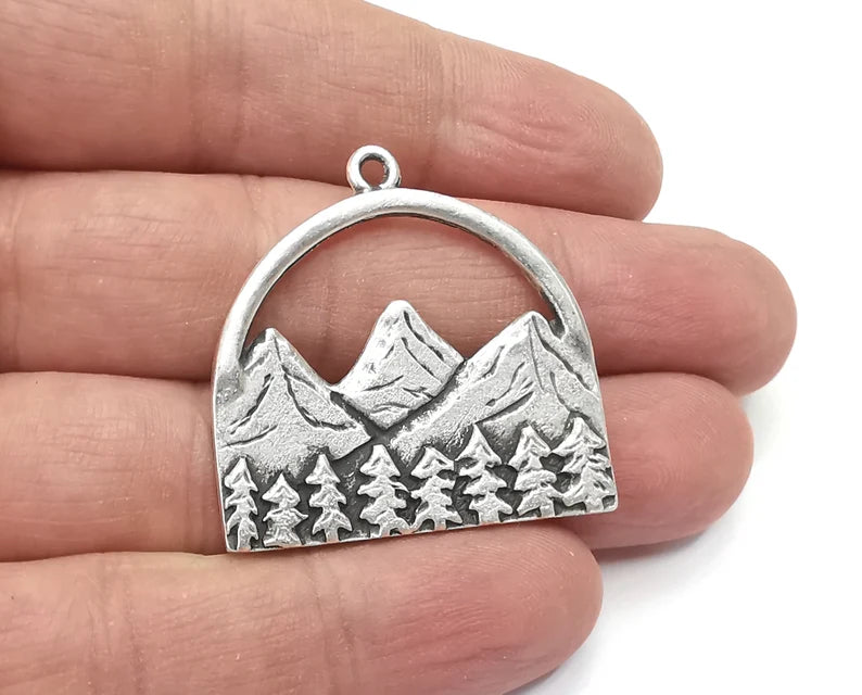 Mountain Landscape Forest Pendant Charms Antique Silver Plated Pendant (36x35mm) G26587
