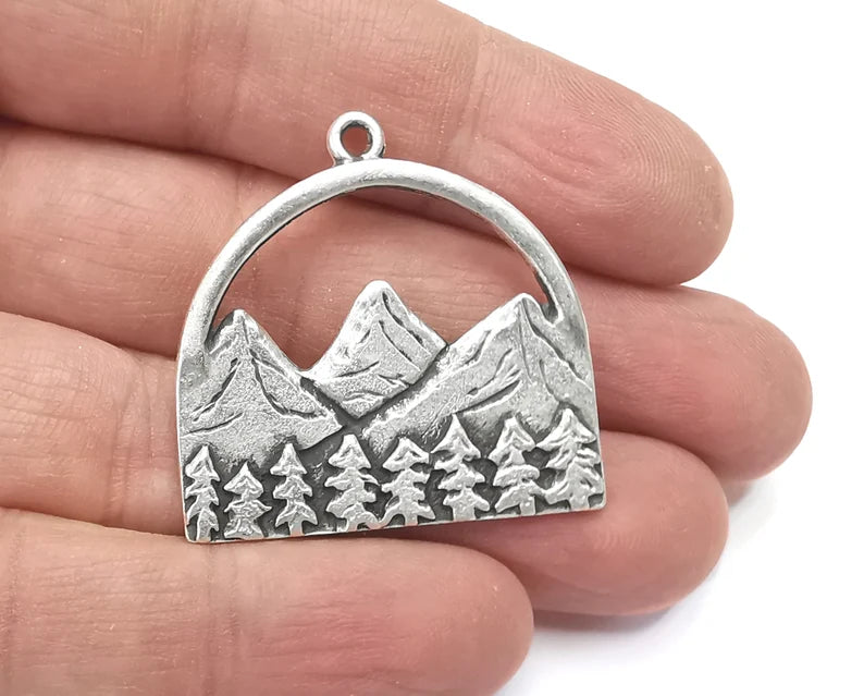 Mountain Landscape Forest Pendant Charms Antique Silver Plated Pendant (36x35mm) G26587