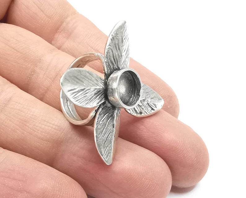 Leaf Leaves Silver Ring Setting Blank Cabochon Mounting Adjustable Ring Base Bezel Antique Silver Plated Brass (8mm) G26588