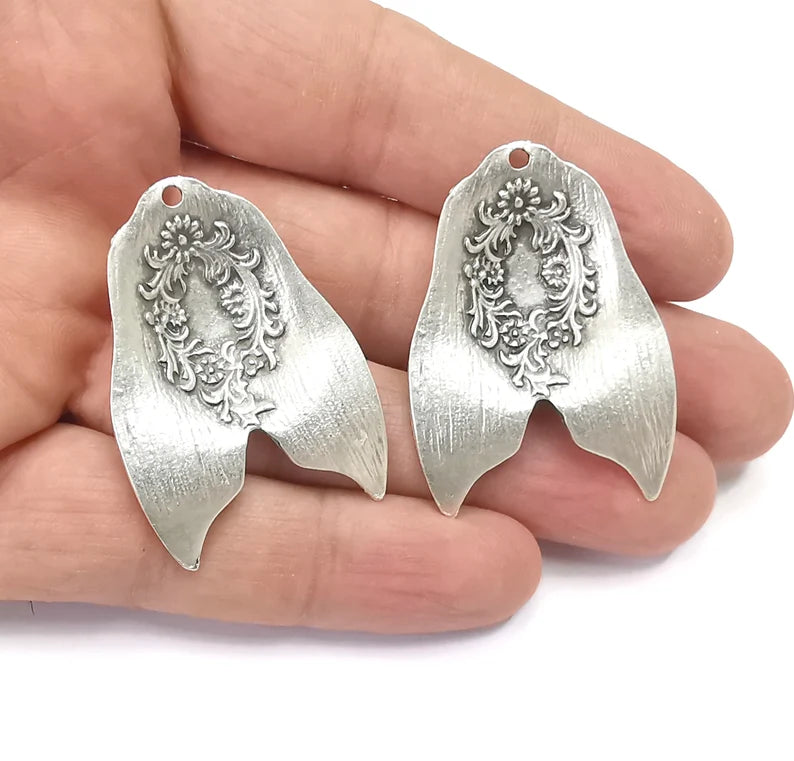 2 Branch Plant Fish Tail Charms Antique Silver Plated Pendant (43x31mm) G26593