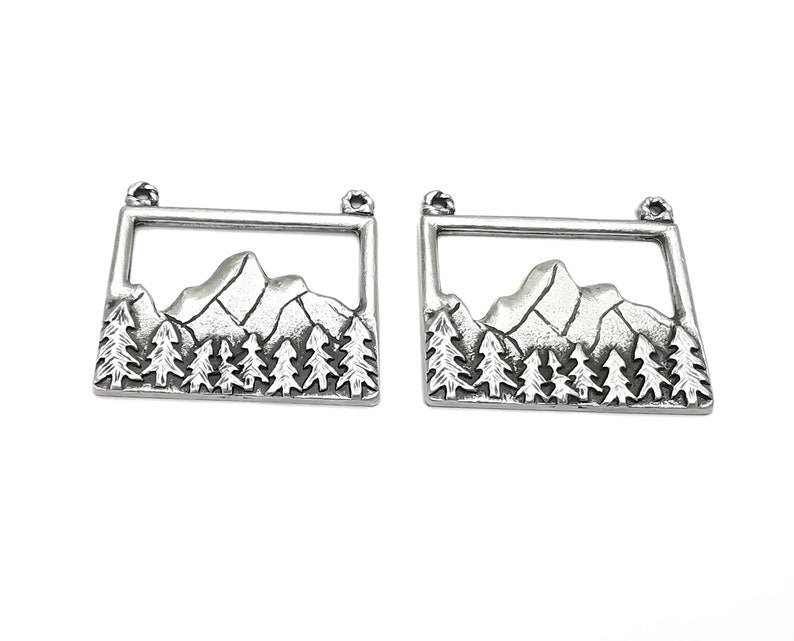 2 Mountain Landscape Pine Tree Connector Pendant Charms Antique Silver Plated Pendant (35x32mm) G26594