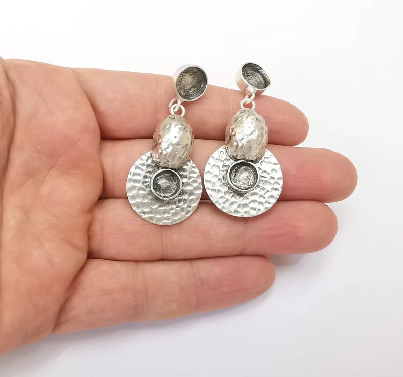 Hammered Disc Dangle Earring Set Base Antique Silver Plated Brass Earring Base (52x24mm) (10mm blanks) G26596