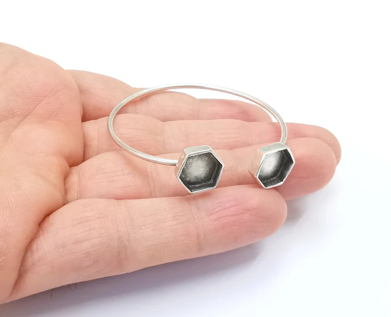 Silver Hexagon Bracelet Blanks Resin Cuff Dry Bezel Cabochon Base Adjustable Antique Silver Plated Brass (10mm Blanks) G26598