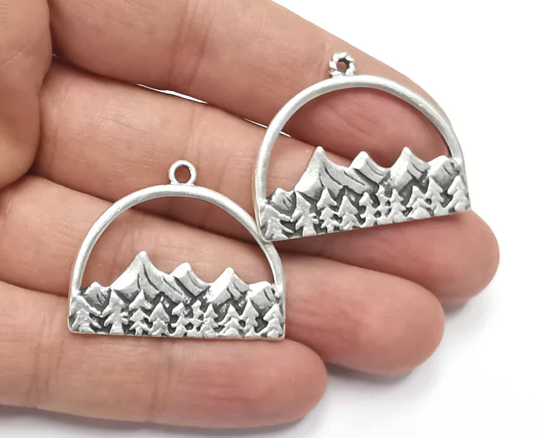 2 Mountain Landscape Forest Pendant Charms Antique Silver Plated Pendant (36x29mm) G26601