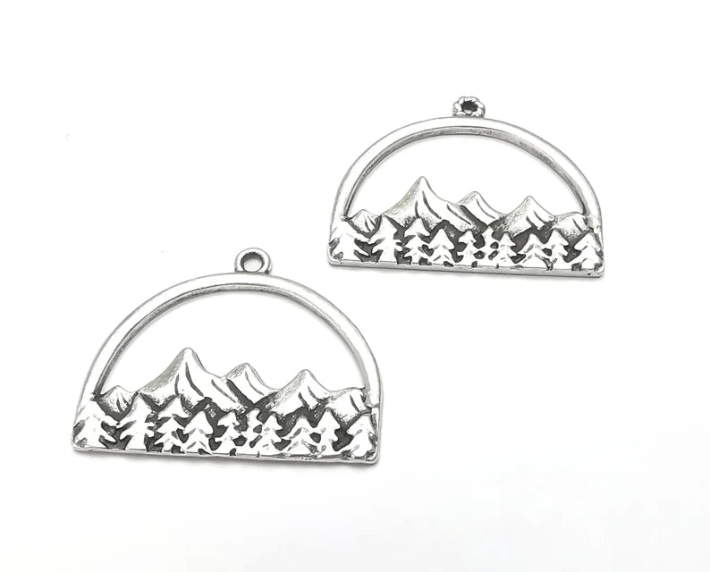 2 Mountain Landscape Forest Pendant Charms Antique Silver Plated Pendant (36x29mm) G26601