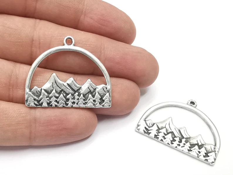 2 Mountain Landscape Forest Pendant Charms Antique Silver Plated Pendant (36x29mm) G26601