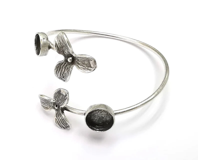 Flowers Silver Bracelet Blank Resin Cuff Dry Bezel Cabochon Base Adjustable Antique Silver Plated Brass (10-8mm Blanks) G26826
