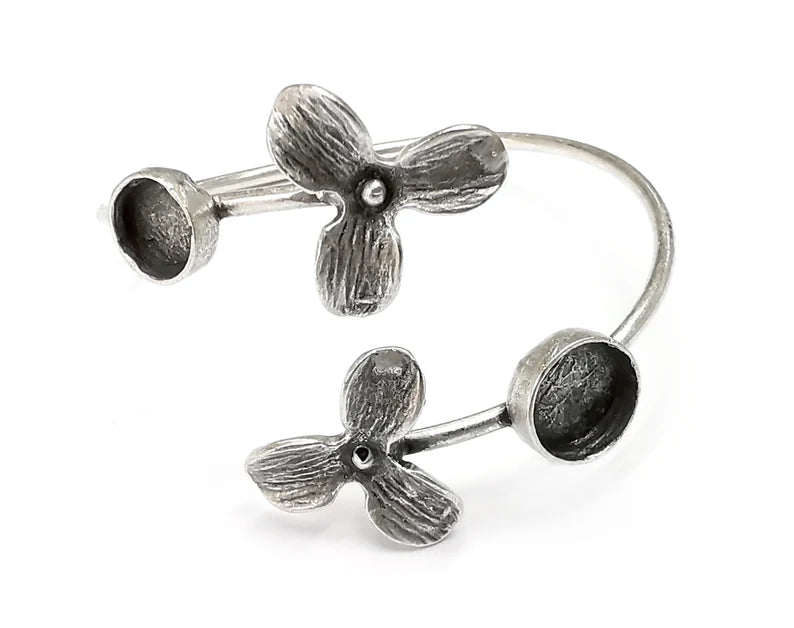 Flowers Silver Bracelet Blank Resin Cuff Dry Bezel Cabochon Base Adjustable Antique Silver Plated Brass (10-8mm Blanks) G26826