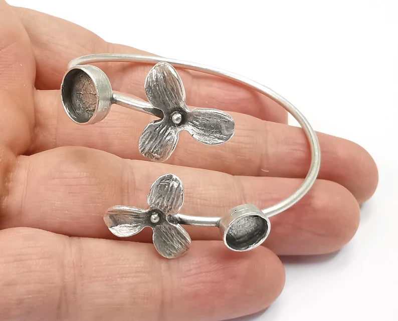 Flowers Silver Bracelet Blank Resin Cuff Dry Bezel Cabochon Base Adjustable Antique Silver Plated Brass (10-8mm Blanks) G26826