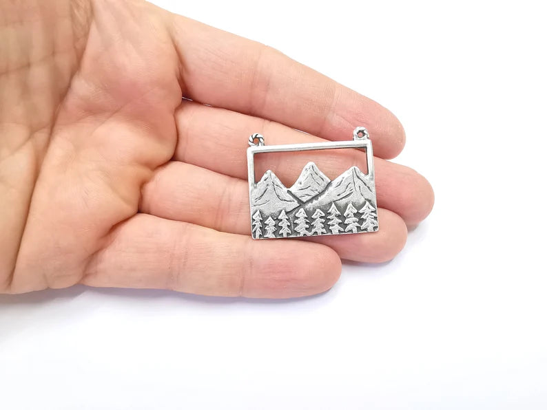 Mountain Landscape Pine Tree Connector Pendant Charms Antique Silver Plated Pendant (36x30mm) G26567