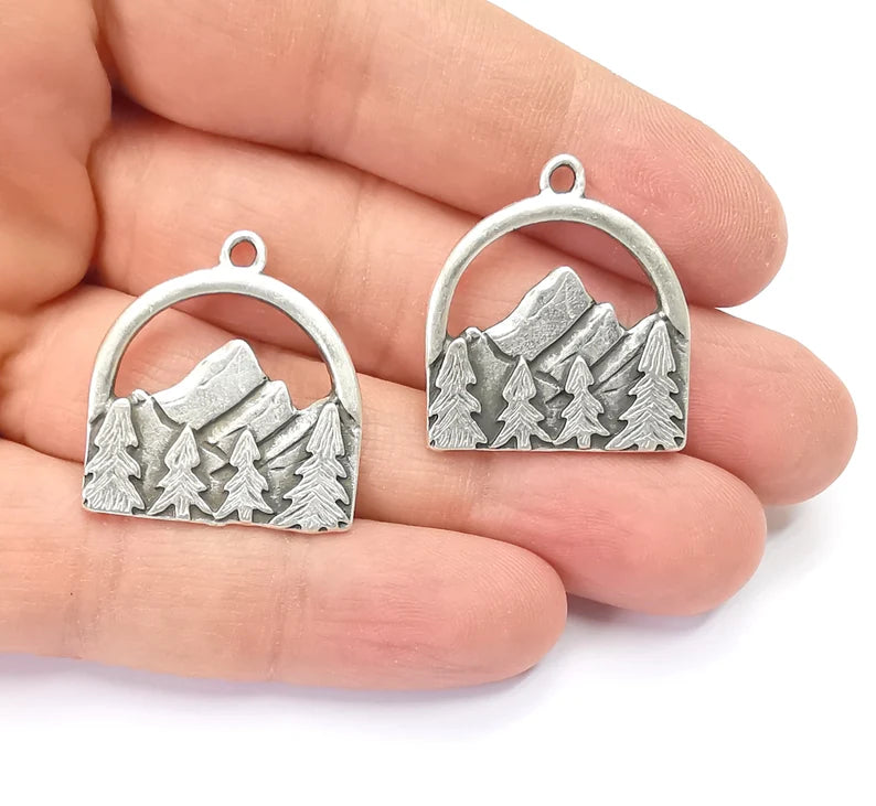 2 Mountain Landscape Pine Tree Pendant Charms Antique Silver Plated Pendant (29x26mm) G26575