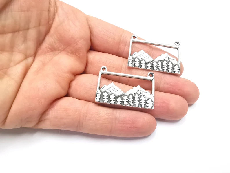 2 Mountain Landscape Pine Tree Connector Pendant Charms Antique Silver Plated Pendant (37x25mm) G26600