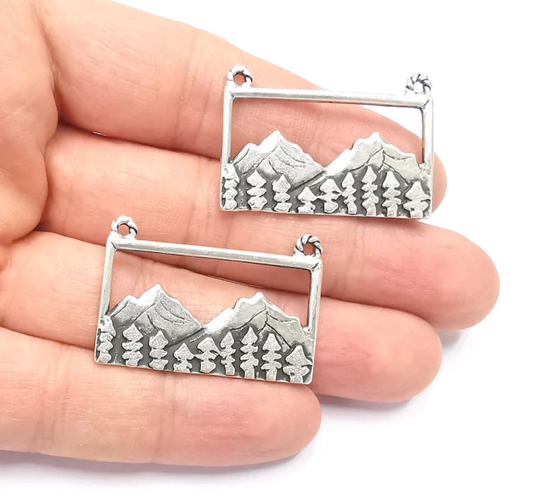 2 Mountain Landscape Pine Tree Connector Pendant Charms Antique Silver Plated Pendant (37x25mm) G26600