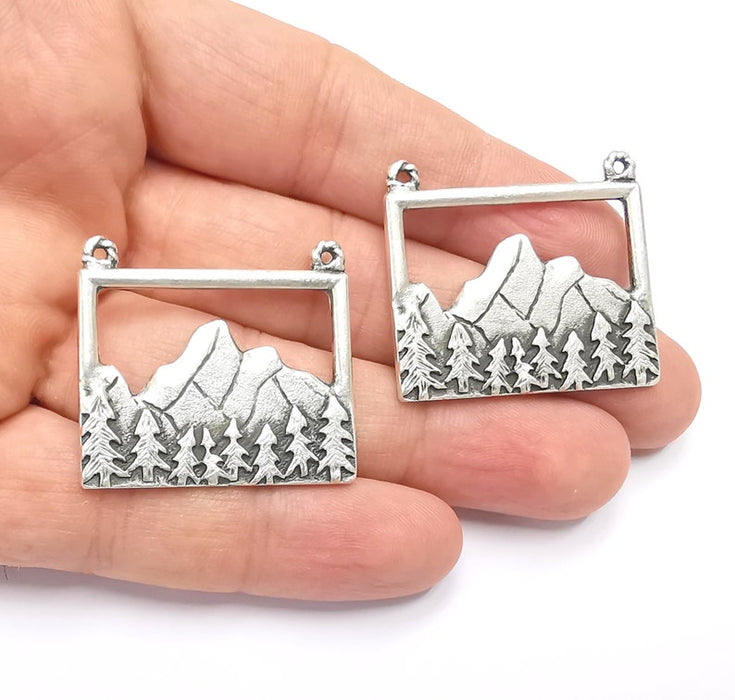 2 Mountain Landscape Pine Tree Connector Pendant Charms Antique Silver Plated Pendant (35x32mm) G26594