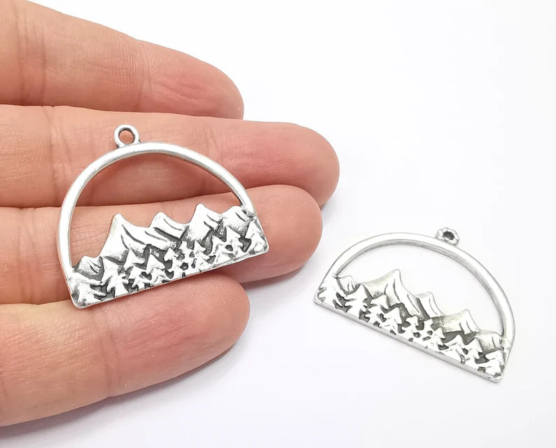 2 Mountain Landscape Forest Pendant Charms Antique Silver Plated Pendant (36x29mm) G26601