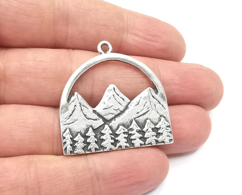Mountain Landscape Forest Pendant Charms Antique Silver Plated Pendant (36x35mm) G26587