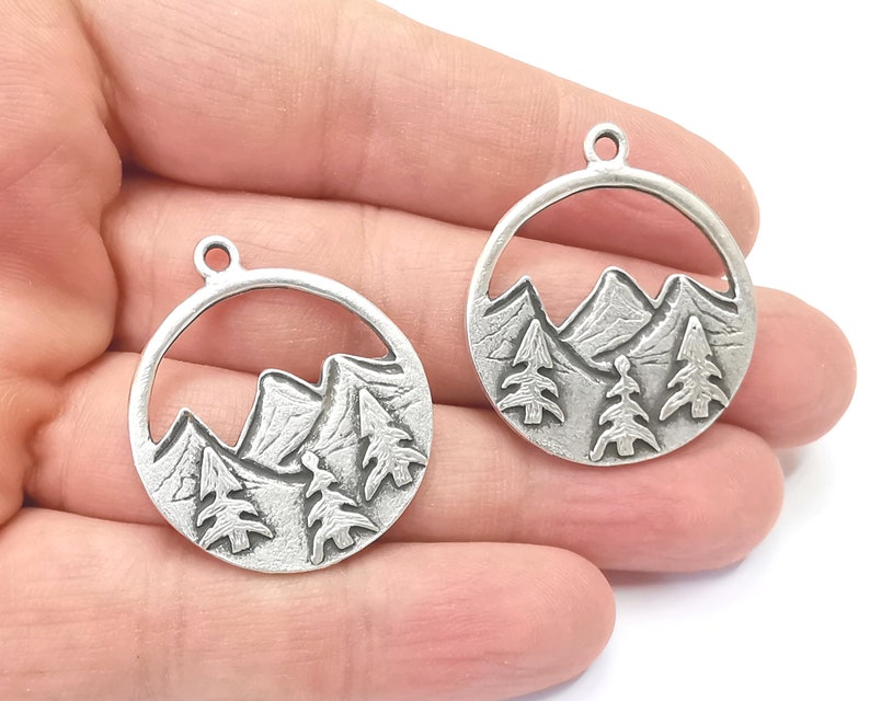 2 Mountain Landscape Pine Tree Pendant Charms Antique Silver Plated Pendant (35x30mm) G26586