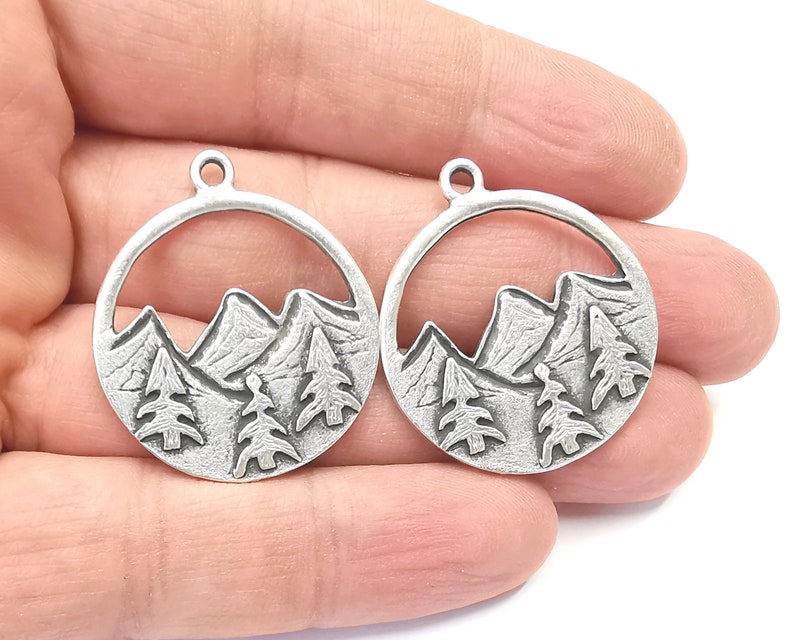 2 Mountain Landscape Pine Tree Pendant Charms Antique Silver Plated Pendant (35x30mm) G26586