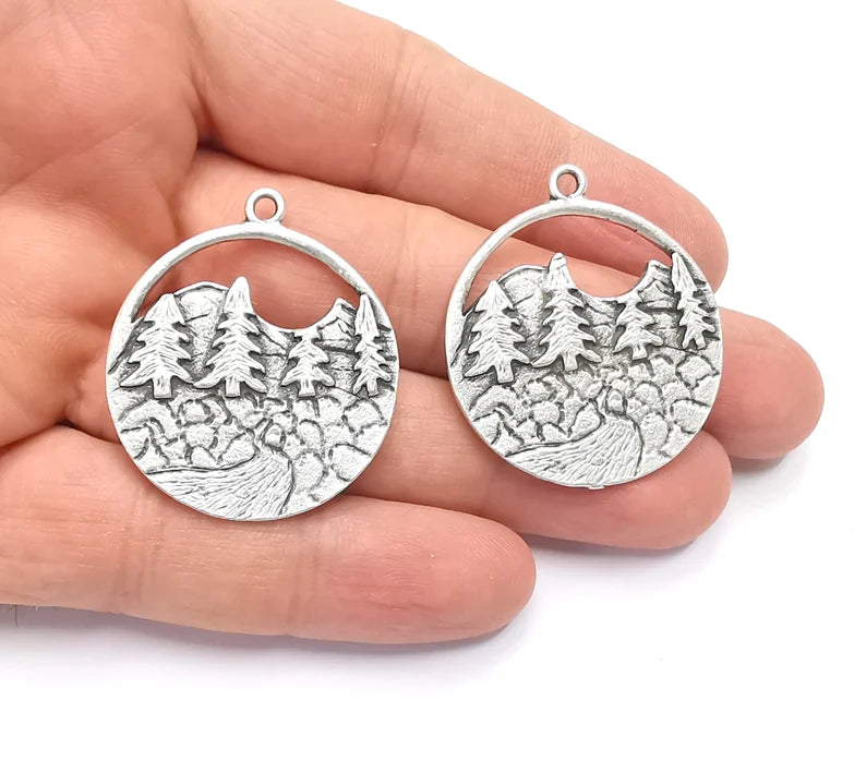 2 Mountain Landscape River Pine Tree Pendant Charms Antique Silver Plated Pendant (39x34mm) G26608