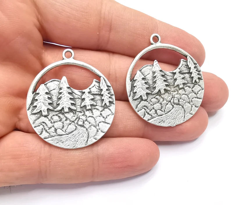 2 Mountain Landscape River Pine Tree Pendant Charms Antique Silver Plated Pendant (39x34mm) G26608