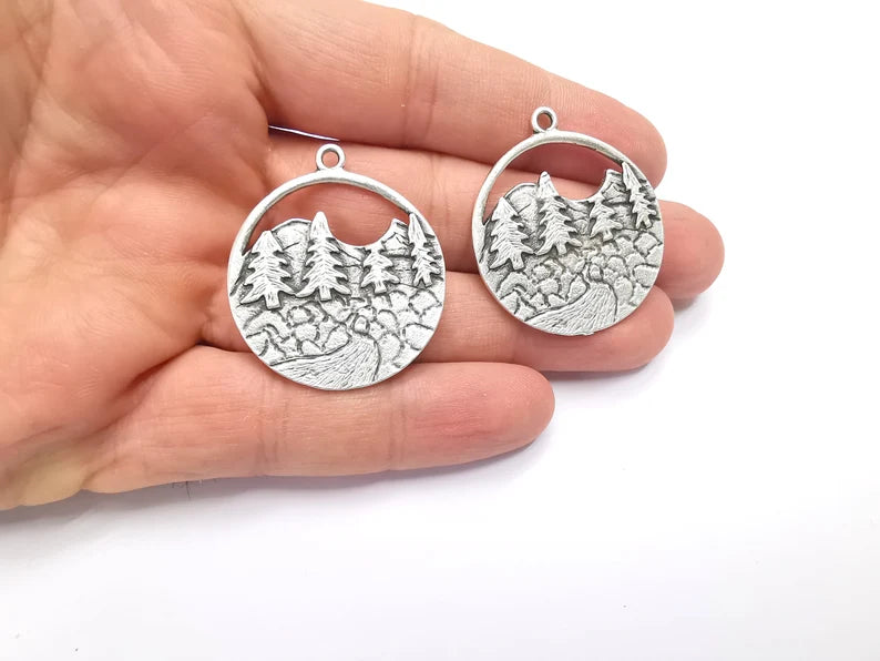 2 Mountain Landscape River Pine Tree Pendant Charms Antique Silver Plated Pendant (39x34mm) G26608