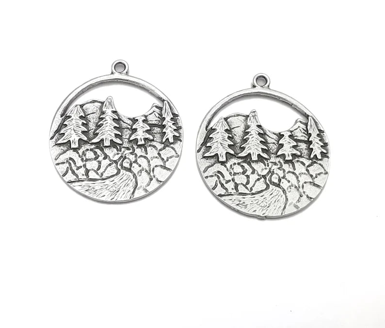 2 Mountain Landscape River Pine Tree Pendant Charms Antique Silver Plated Pendant (39x34mm) G26608
