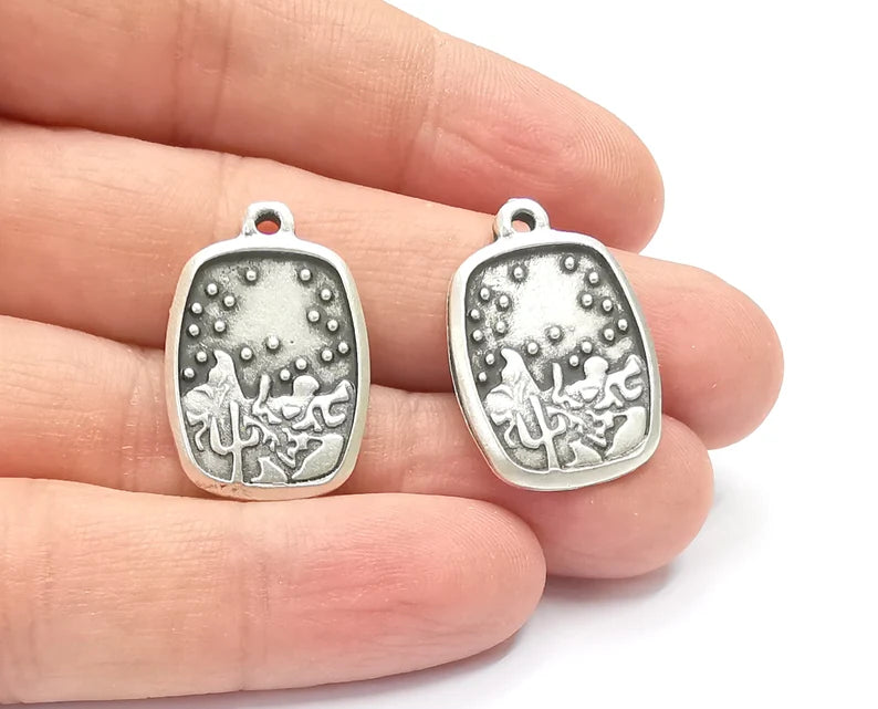 2 Winter Mountain Landscape Cactus Tree Charms Antique Silver Plated Charms (28x19mm) G26589