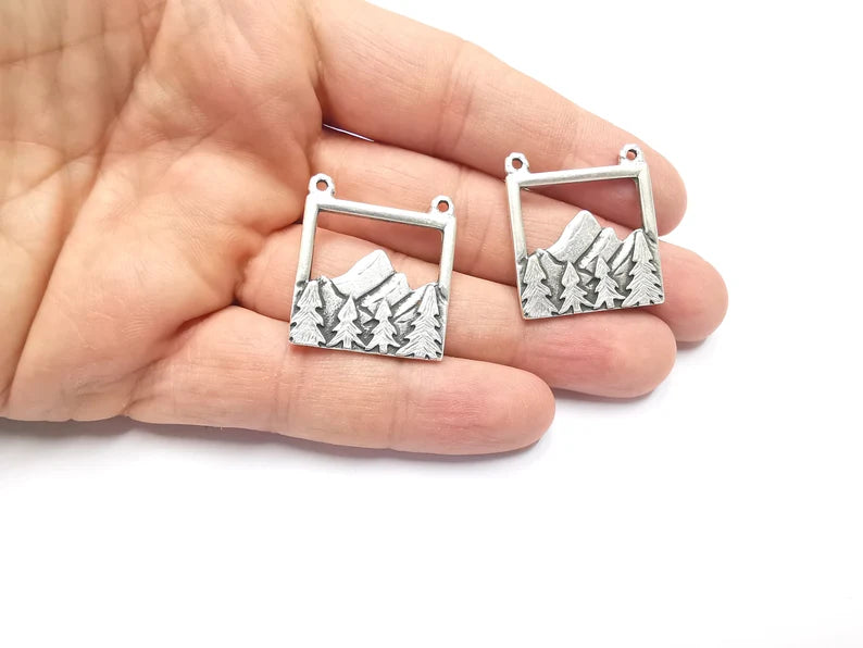2 Mountain Landscape Pine Tree Connector Pendant Charms Antique Silver Plated Pendant (29x26mm) G26610