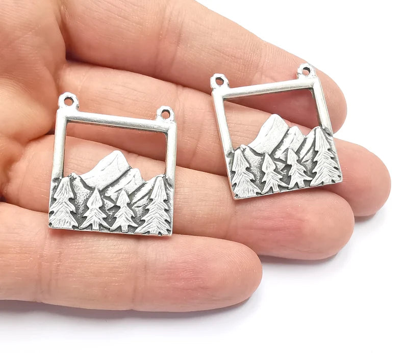 2 Mountain Landscape Pine Tree Connector Pendant Charms Antique Silver Plated Pendant (29x26mm) G26610
