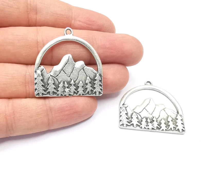 Clif Mountain Landscape Rock Forest Pendant Charms Antique Silver Plated Pendant (35x34mm) G26613