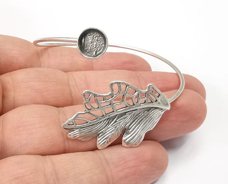 Leaf Silver Bracelet Blank Resin Cuff Dry Bezel Cabochon Base Adjustable Antique Silver Plated Brass (8mm Blank) G26837