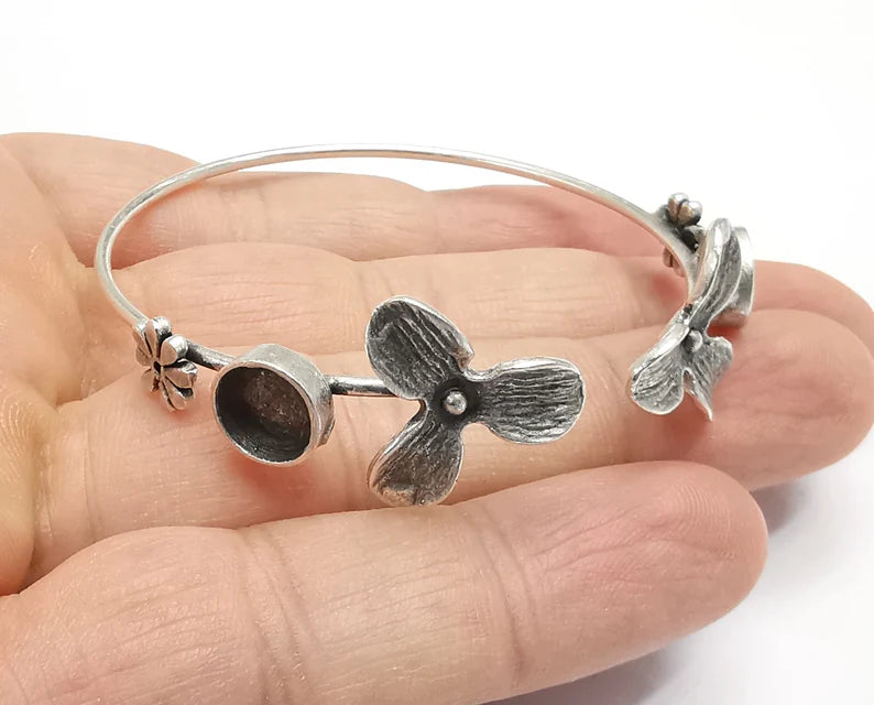 Flower Flowers Silver Bracelet Blank Resin Cuff Dry Bezel Cabochon Base Adjustable Antique Silver Plated Brass (8mm Blanks) G26838