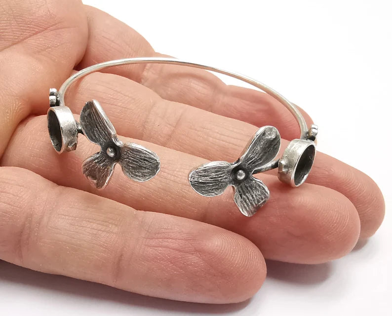 Flower Flowers Silver Bracelet Blank Resin Cuff Dry Bezel Cabochon Base Adjustable Antique Silver Plated Brass (8mm Blanks) G26838