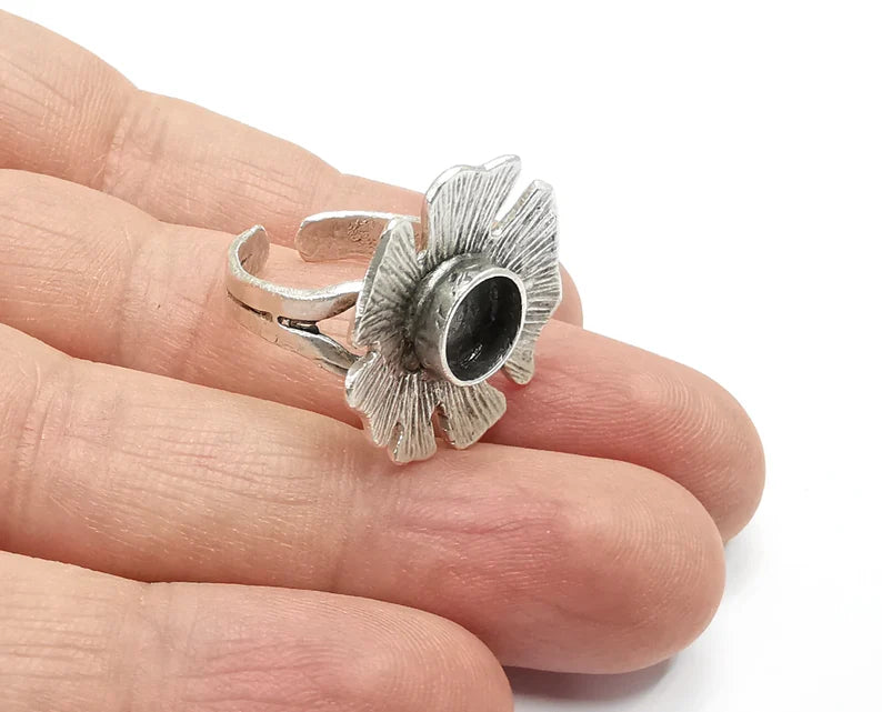 Flower Silver Ring Blank Base Bezel Settings Cabochon Base Mountings Adjustable , Antique Silver Plated Brass (8mm blank) G26844