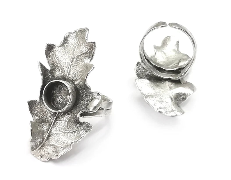 Leaf Silver Ring Blank Base Bezel Settings Cabochon Base Mountings Adjustable , Antique Silver Plated Brass (8mm blank) G26845