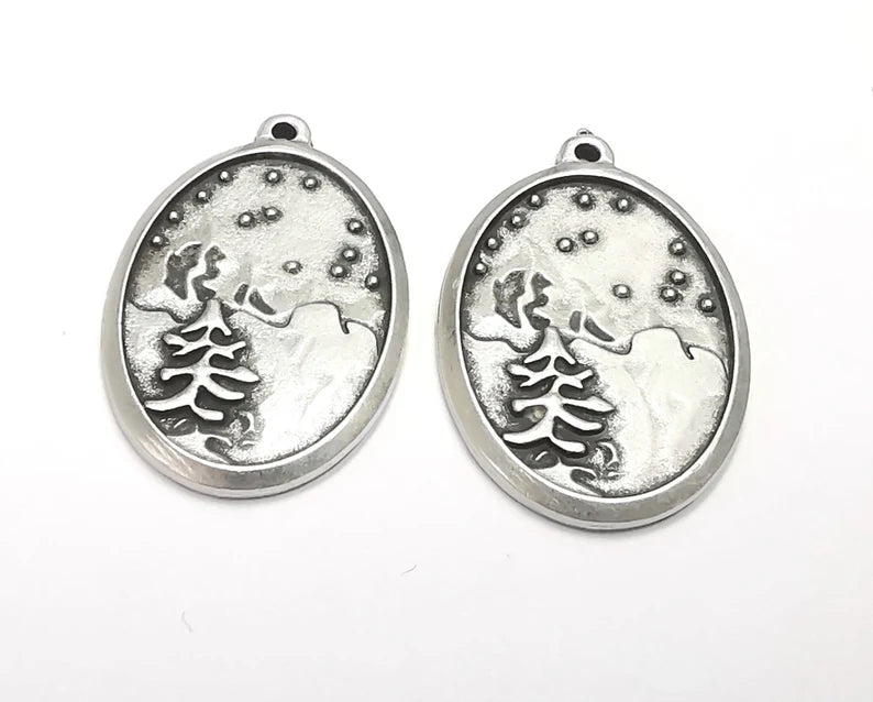 2 Winter Mountain Landscape Pine Tree Oval Pendant Charms Antique Silver Plated Charms (38x35mm) G26618
