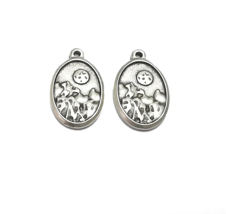 2 Winter Mountain Landscape Full Moon Oval Pendant Charms Antique Silver Plated Charms (29x18mm) G26620