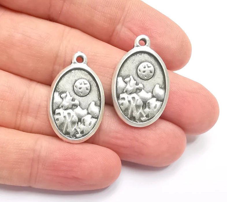 2 Winter Mountain Landscape Full Moon Oval Pendant Charms Antique Silver Plated Charms (29x18mm) G26620