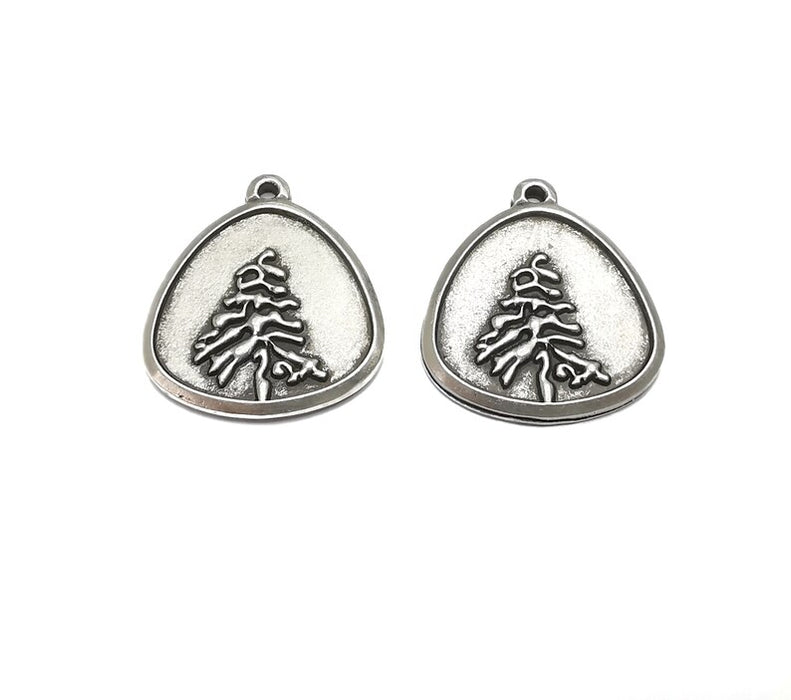 Winter Mountain Landscape Pine Tree Oval Pendant Charms Antique Silver Plated Charms (29x26mm) G26622